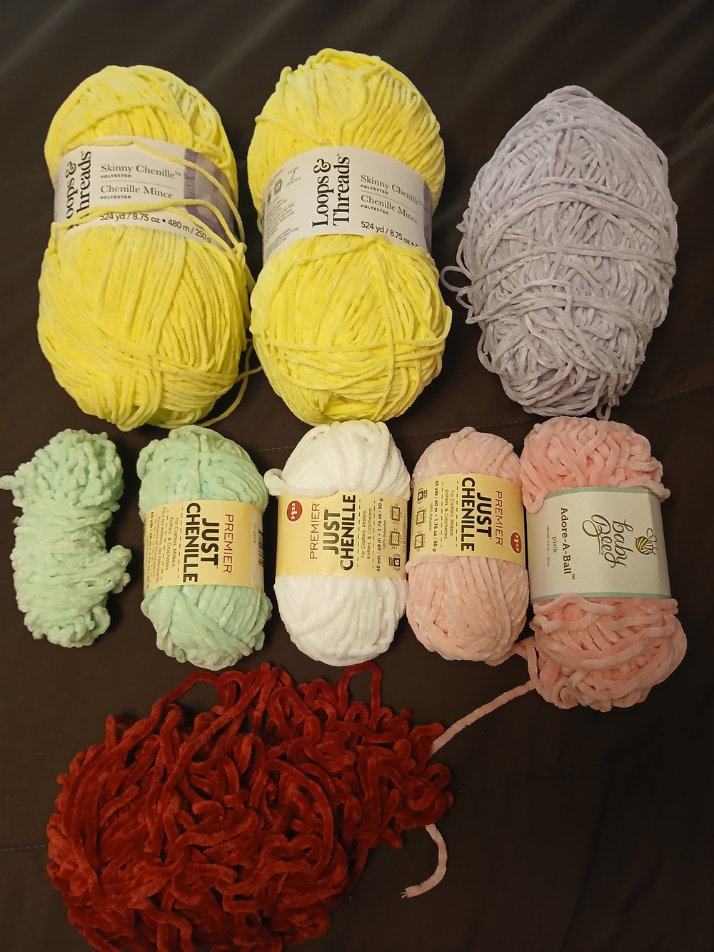 Mixed Chenille Yarn Bundle - Yellow, Lavender, Mint, White, Peach, Coral, Red -